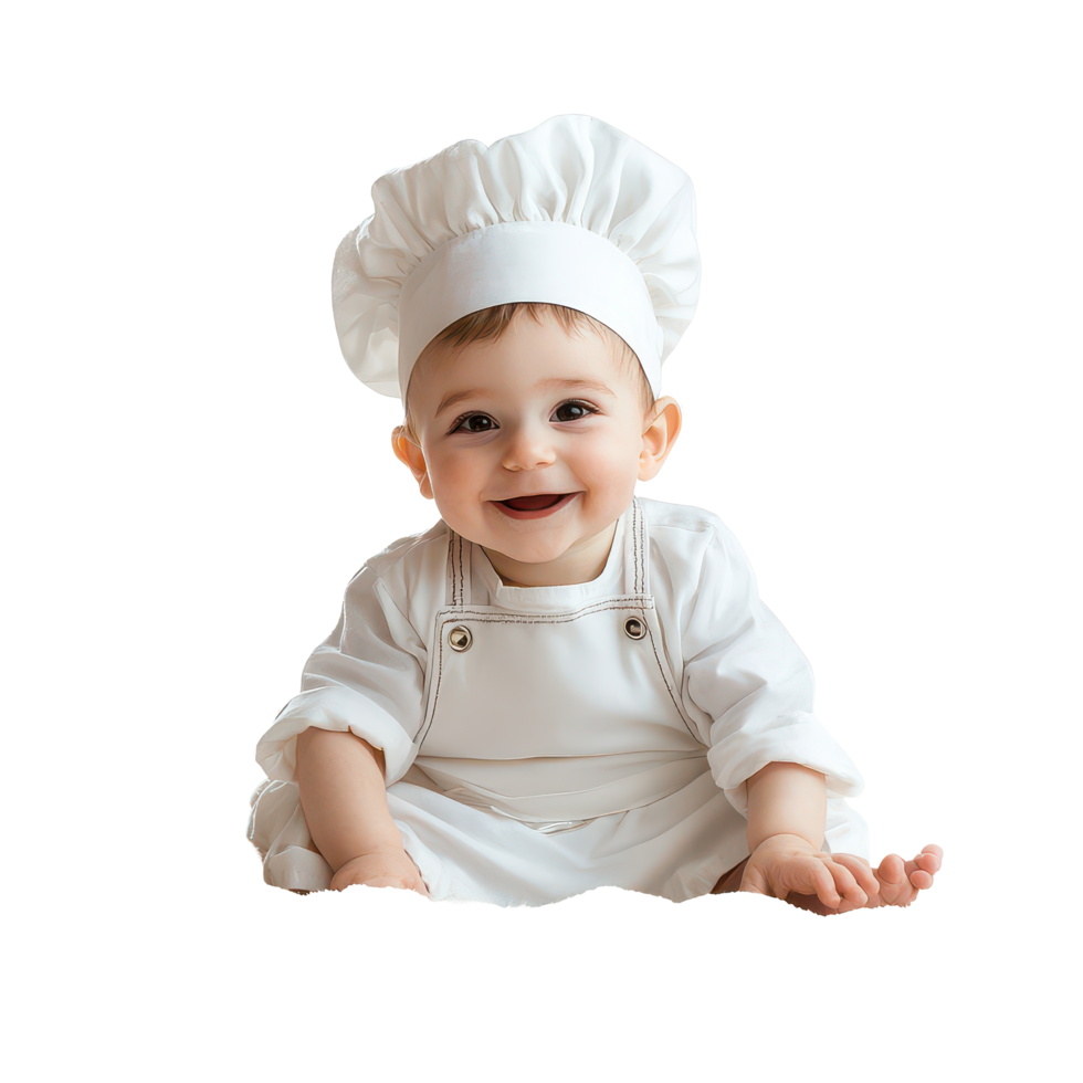 Cheerful baby boy in a chef outfit sitting on a soft blanket against a transparent background, Baby Boy in Chef's Outfit on transparent background png