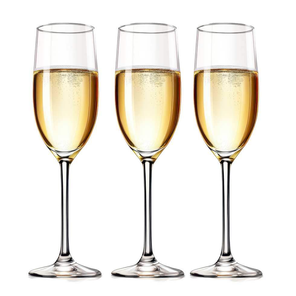 Three elegant champagne glasses filled with sparkling bubbly on a pristine transparent background, an art realistic three glasses champagne isolated, transparent background. png