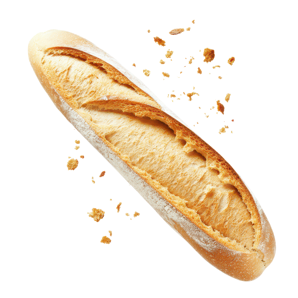 Freshly baked baguette with crumbs scattered on a surface showcasing its texture and crust, Baguette bread with falling crumbs isolated on transparent background png