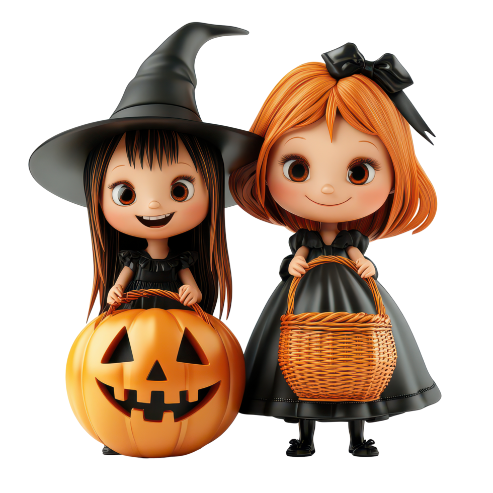 Two cartoon girls in Halloween costumes hold baskets and a pumpkin on a transparent background, 3D Cartoon Girls with Halloween Baskets on transparent background png