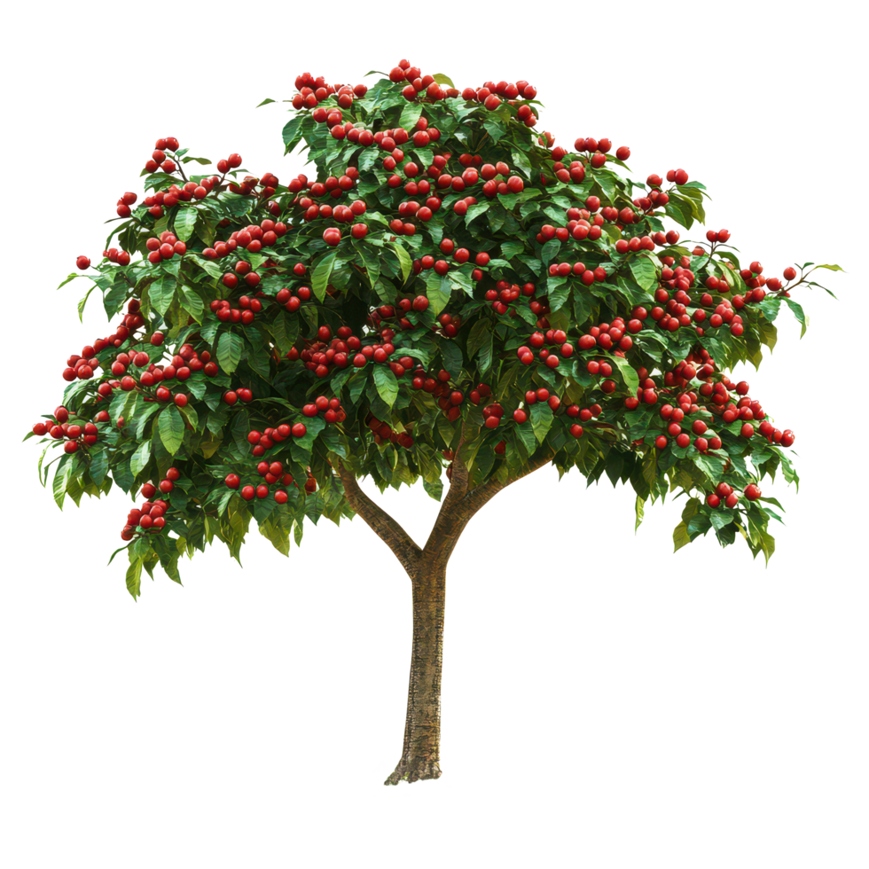 A coffee tree bursting with ripe coffee beans in a lush garden setting during bright daylight, A coffee tree with an abundance coffee beans, transparent background. png