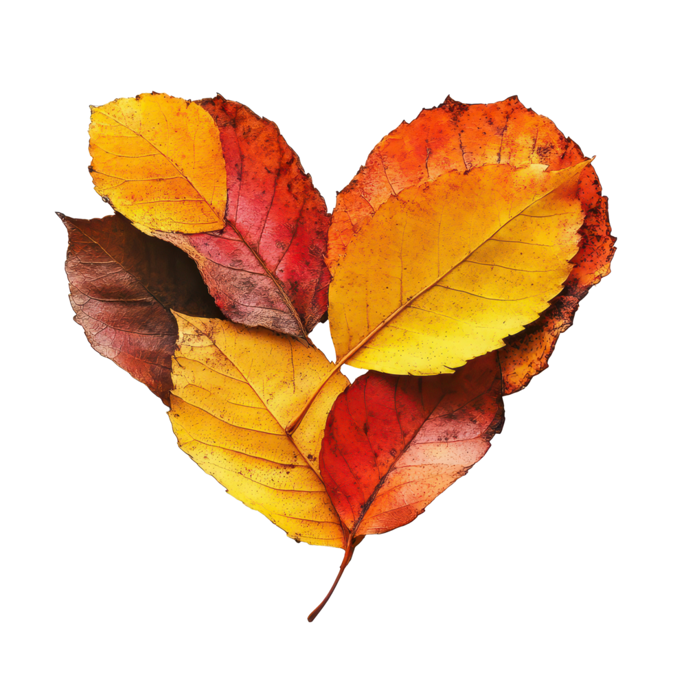 Autumn leaves arranged in a heart shape on a transparent background for a seasonal display, Autumn leaf heart shape on transparent background png