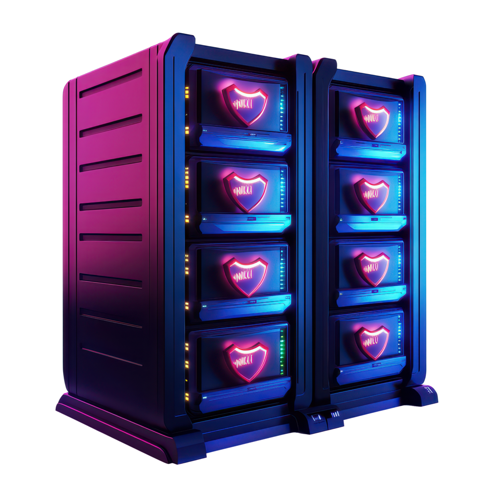 Cartoon depiction of secure data servers with protective shields in a modern digital environment, 3D Cartoon Secure Data Servers with Shields on transparent background png