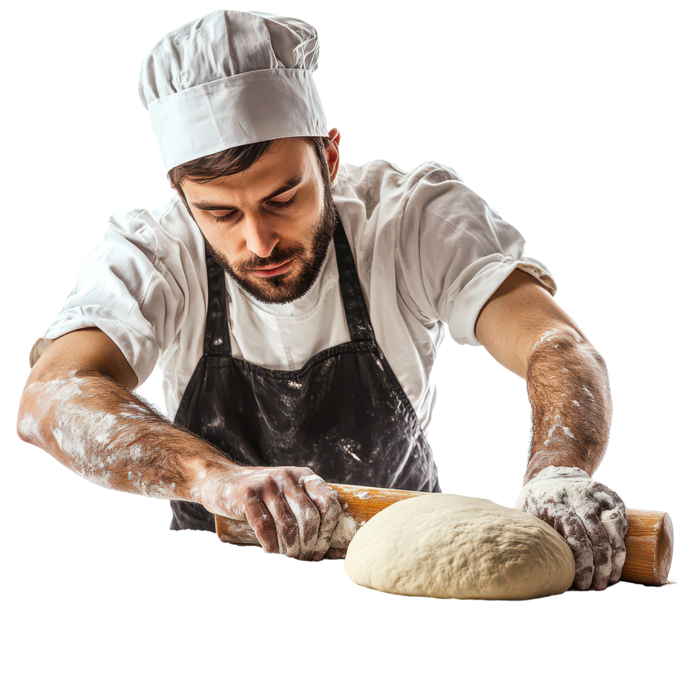 A baker skillfully rolls out fresh dough with a rolling pin in a kitchen setting during preparation for baked goods, A baker with a rolling pin rolls out the dough Isolate png