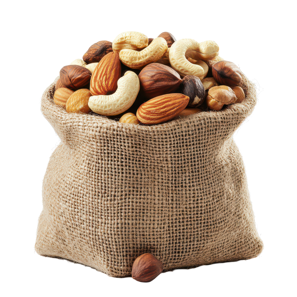 A burlap sack filled with a variety of mixed nuts against a clean transparent background, Bag mixed nuts, transparent background. png