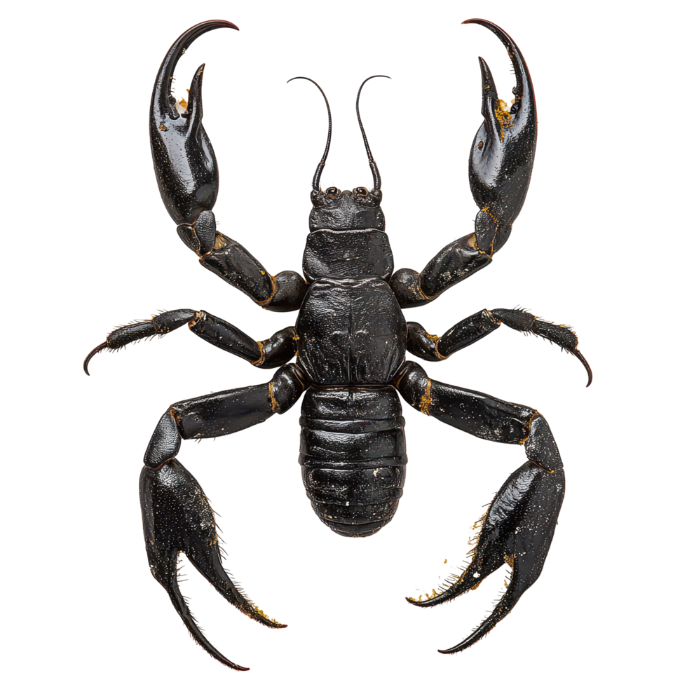 Detailed view of a black scorpion on a transparent background showcasing its unique features and structure, Black Scorpion on transparent background png