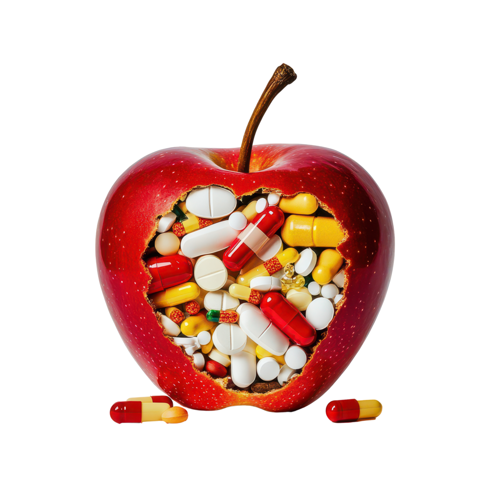 A hollowed apple filled with colorful pills against a transparent background, Apple hollowed out and filled with pills, transparent background. png