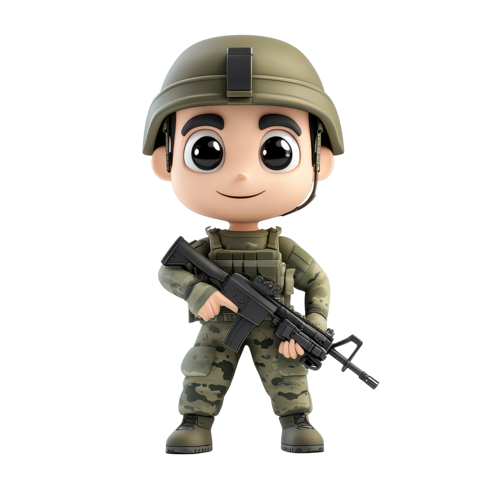 A cheerful military cartoon character standing with a rifle on a transparent background during a playful moment, 3D military cartoon character on transparent background png