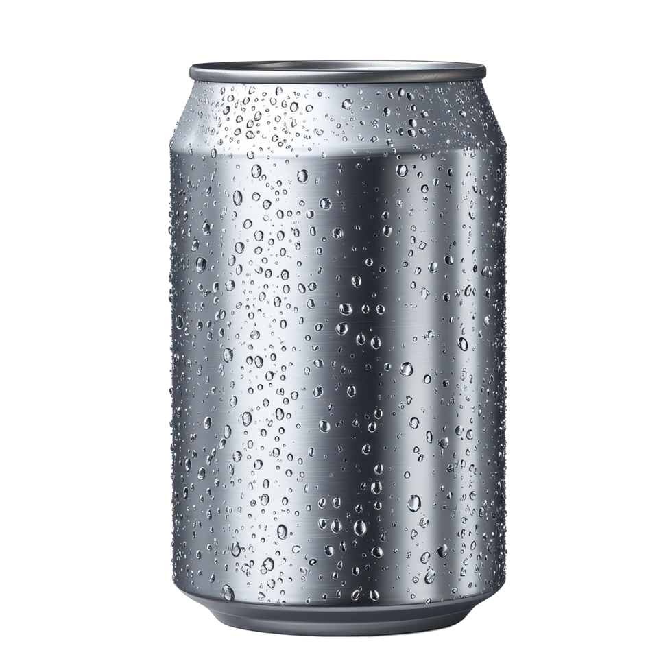 An aluminum can isolated against a clean background covered in water droplets, showcasing its sleek design, aluminum can without label with water drops isolated onisolated on transparent background png