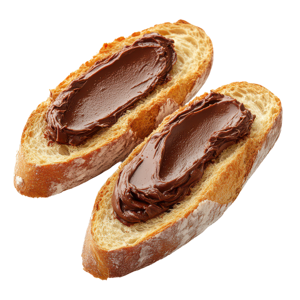 Baguette cut in half with rich chocolate spread ready to enjoy as a delicious snack or breakfast treat, Baguette Cut in Half with Chocolate Spread on transparent background png