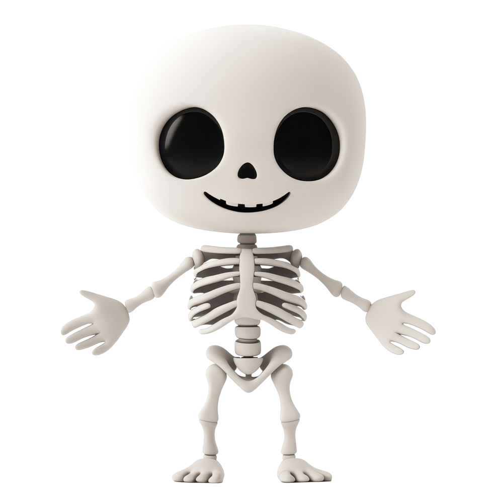 Cartoon boy in skeleton disguise standing alone with a playful expression against a transparent background, 3D cartoon boy disguised as skeleton, isolated on transparent background png