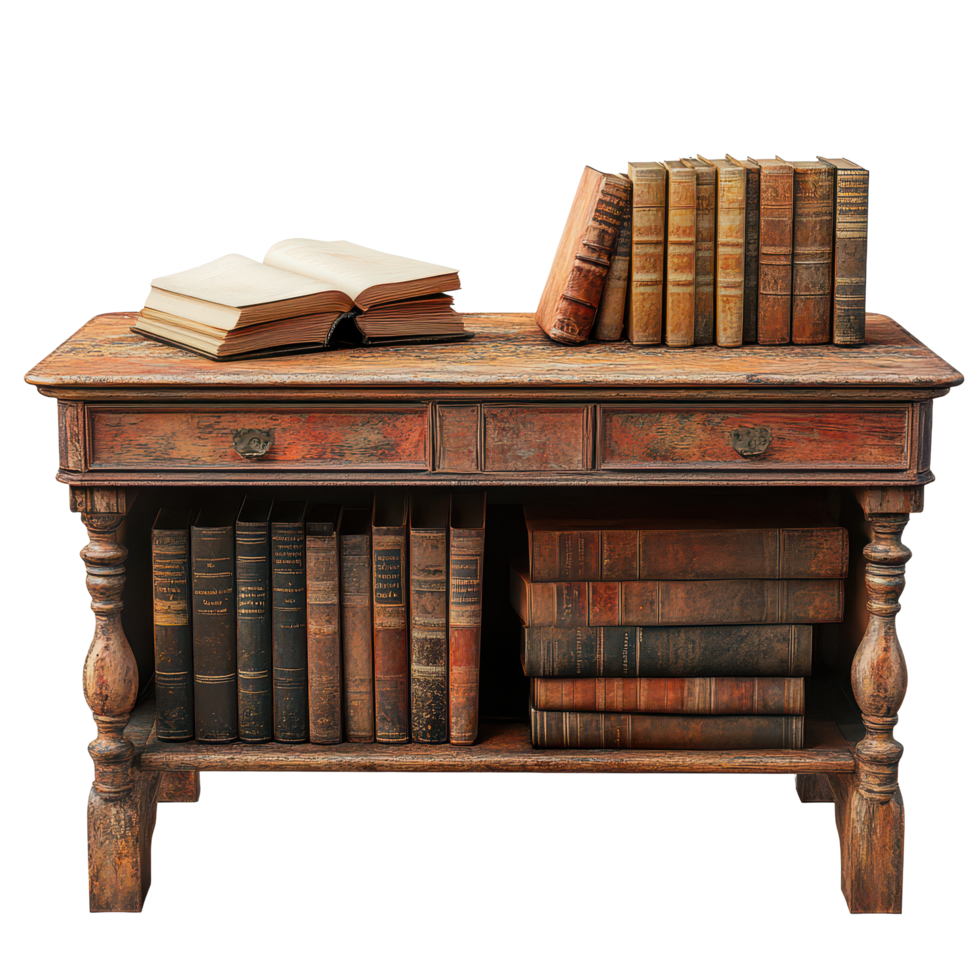 Antique study desk with vintage books arranged neatly on a transparent background, Antique Study Desk with Books, transparent background. png