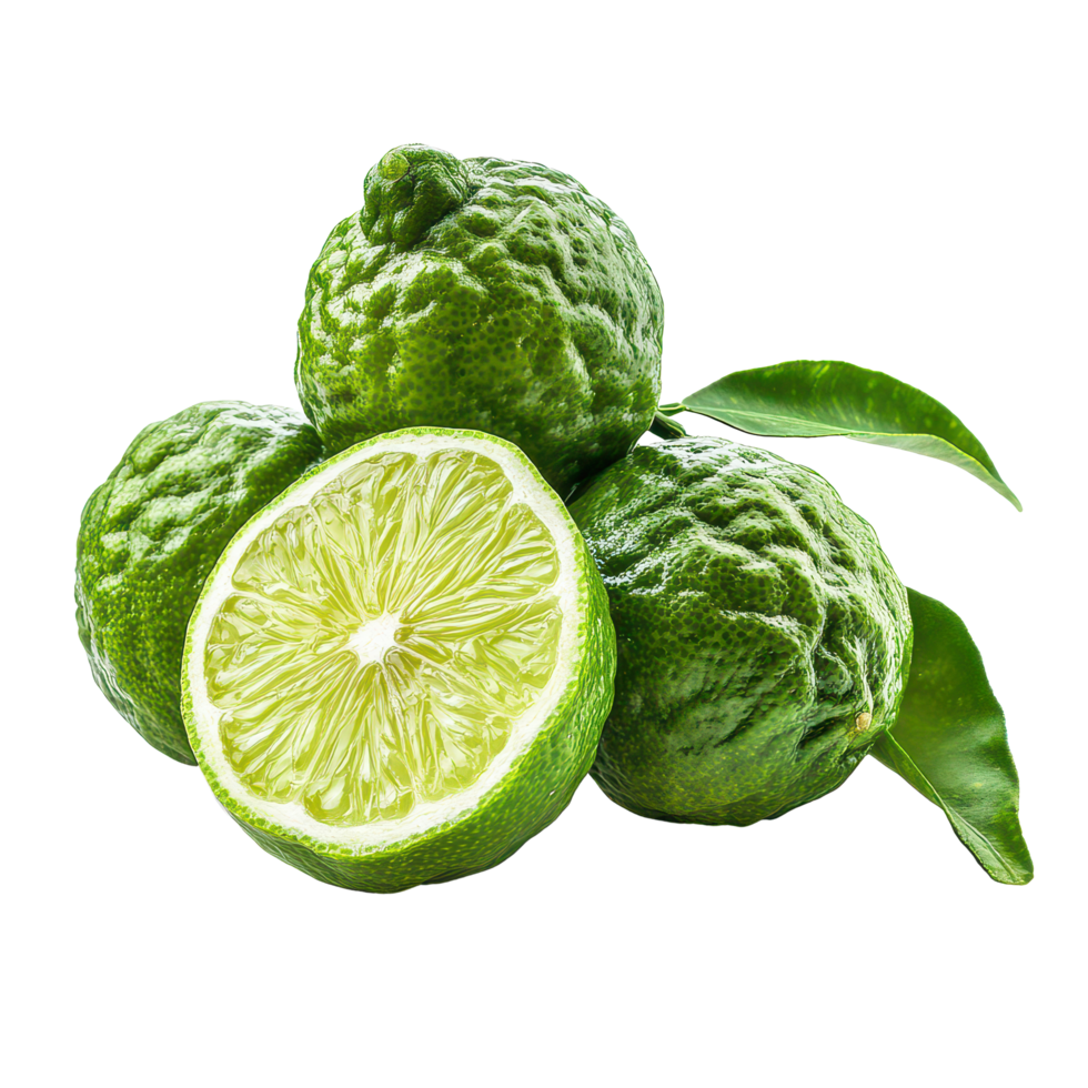 Fresh bergamot fruits with vibrant green skins and one cut in half, set against a plain transparent background, bergamot isolated on transparent background png