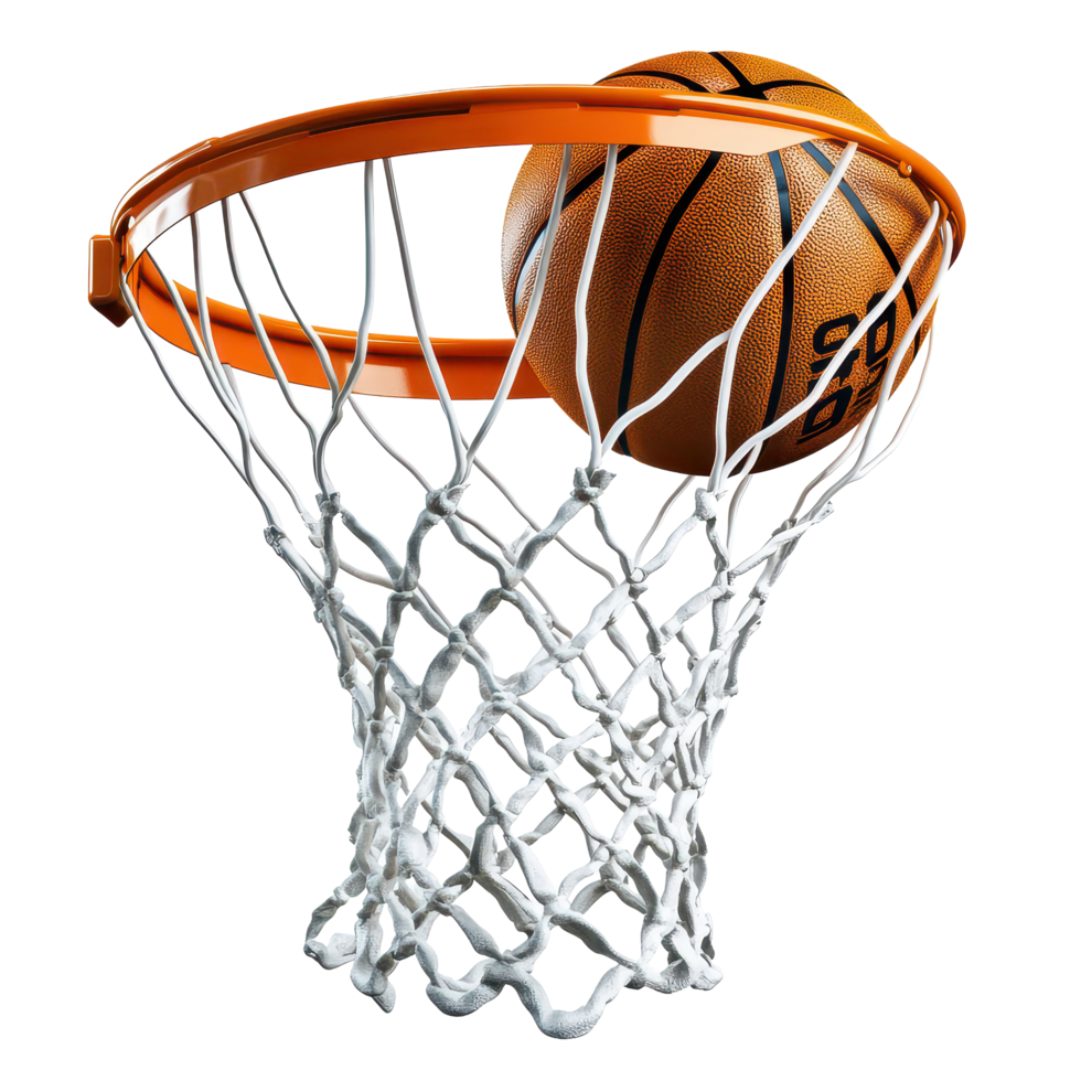 Basketball soaring through the hoop during an intense moment of a competitive game in a gymnasium, basketball going through the hoop with a ball in the air, transparent background. png