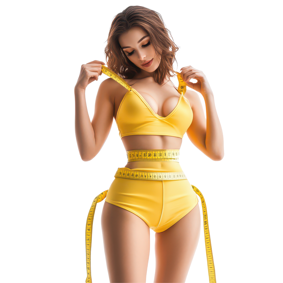 Slim woman measuring her waist with a tape measure while wearing a bright yellow bikini in a studio setting, Beautiful slim woman with tape measuring, transparent background. png
