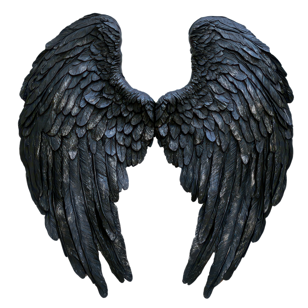 Elegant black angel wings on a transparent background, highlighting intricate details and textures, Black Angel wings on transparent background png