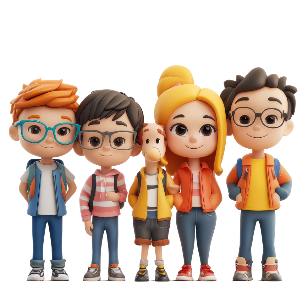 A colorful group of five cartoon characters standing together in a cheerful outdoor setting, 3D Cartoon Character Group - Cute Students, transparent background png