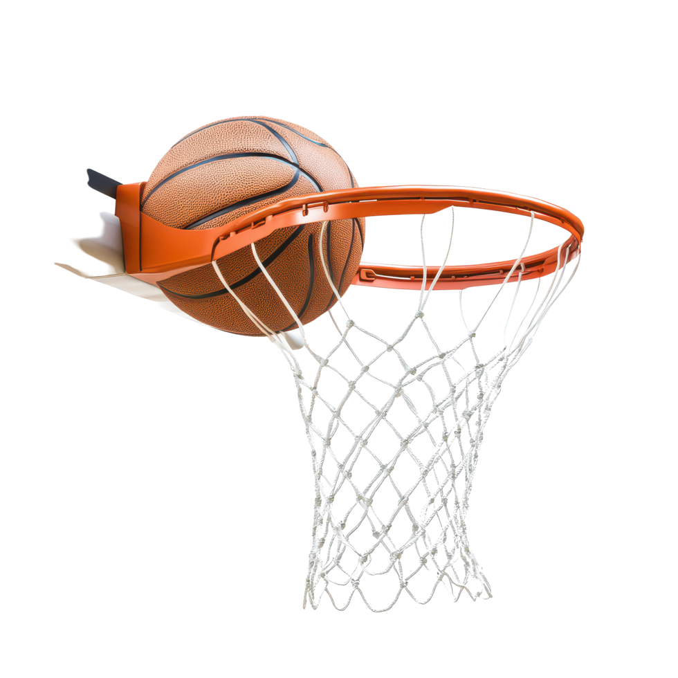 Basketball making a perfect shot through the net on a sunny day at a vibrant court, basketball going through the net a basketball court, transparent background. png