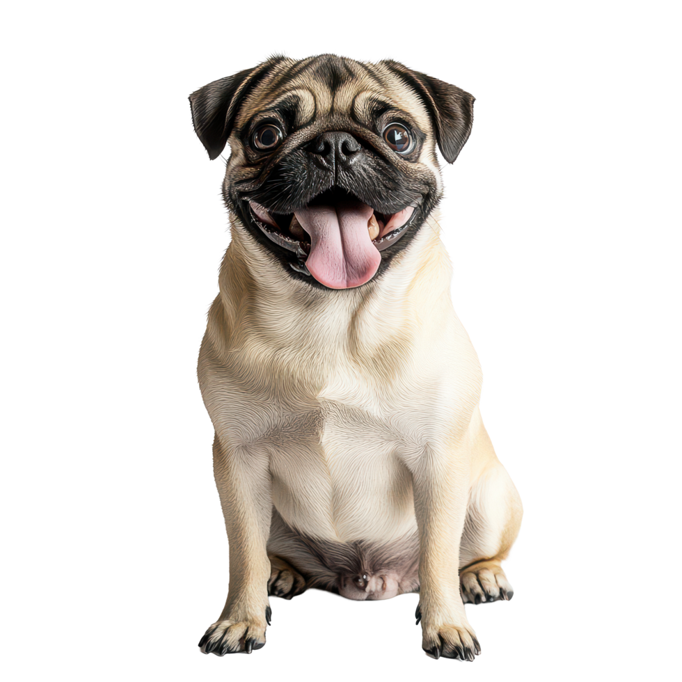 A happy pug with its tongue out sitting on the ground, showcasing its adorable expression and playful nature, a cute pug sitting on the ground with its tongue out, transparent background. png