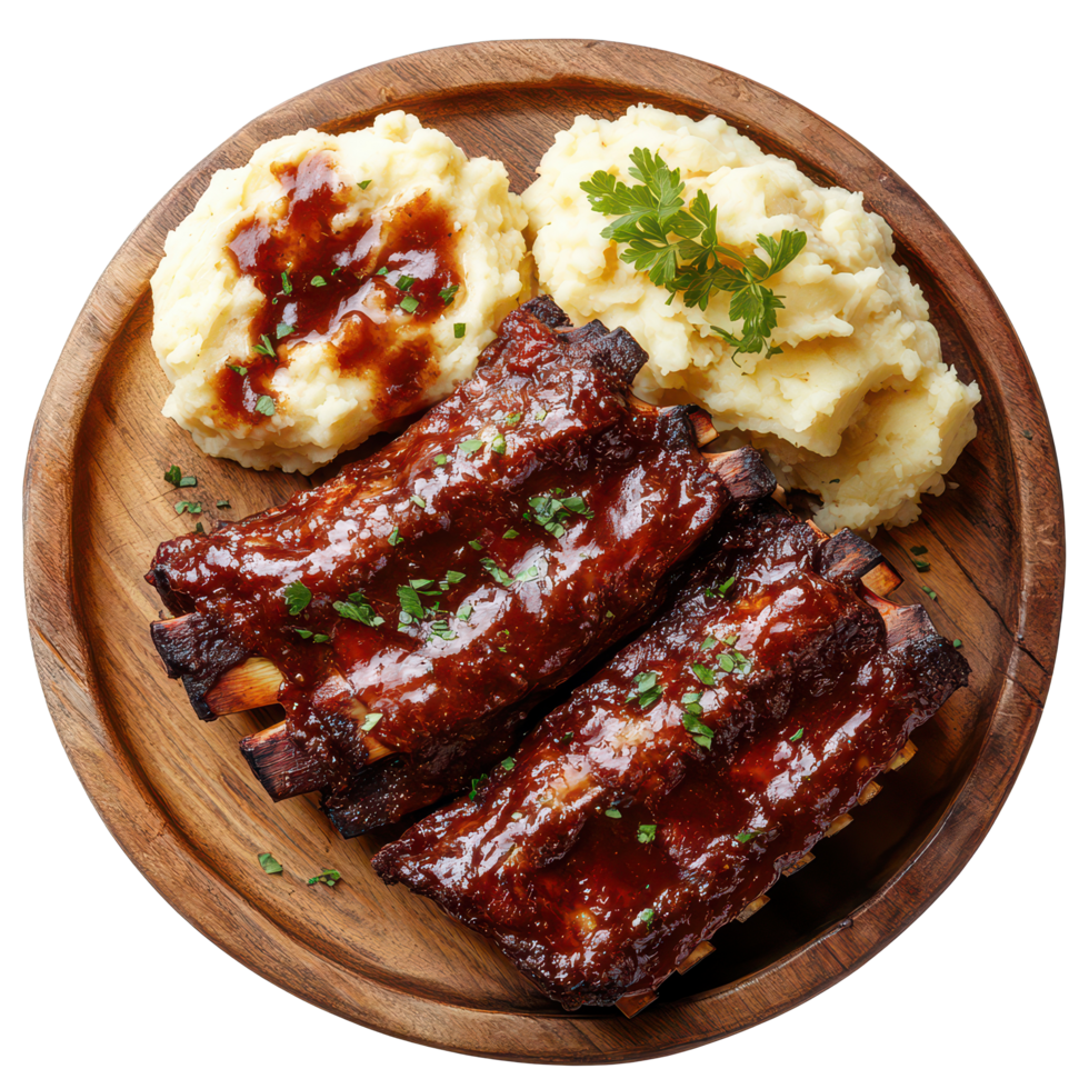 Delicious BBQ ribs served with creamy mashed potatoes on a rustic wooden plate for a hearty meal, BBQ Ribs and roasted and mashed potatoes on wood plate, isolated transparent background png