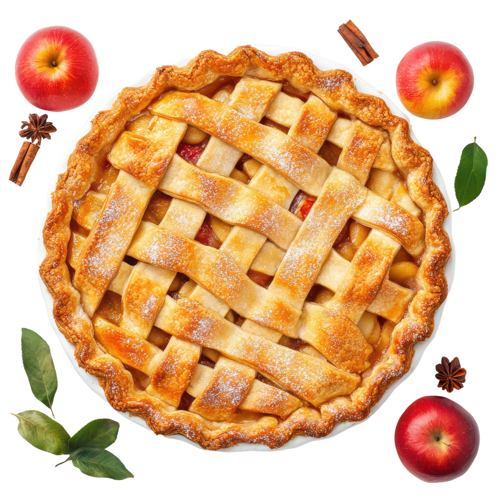 Delicious apple pie with a lattice crust and fresh apples on a transparent background, Apple pie isolated on transparent background png
