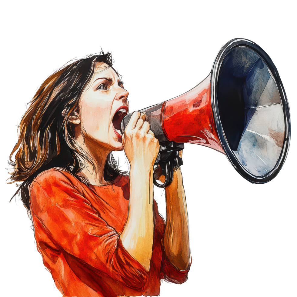 A chic brunette woman passionately shouting into a loudspeaker during a rally in an urban setting, A Chic Brunette Lady Shouting into a Loudspeaker, transparent background. png