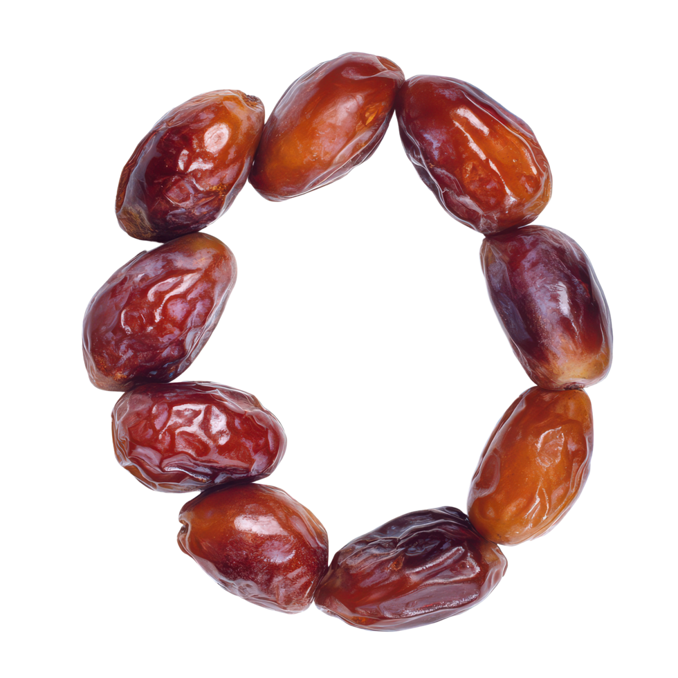 Arabian dates arranged in a crescent moon shape on a transparent background for an artistic presentation, Arabian dates fruit arranged in shape crescent moon, transparent background. png