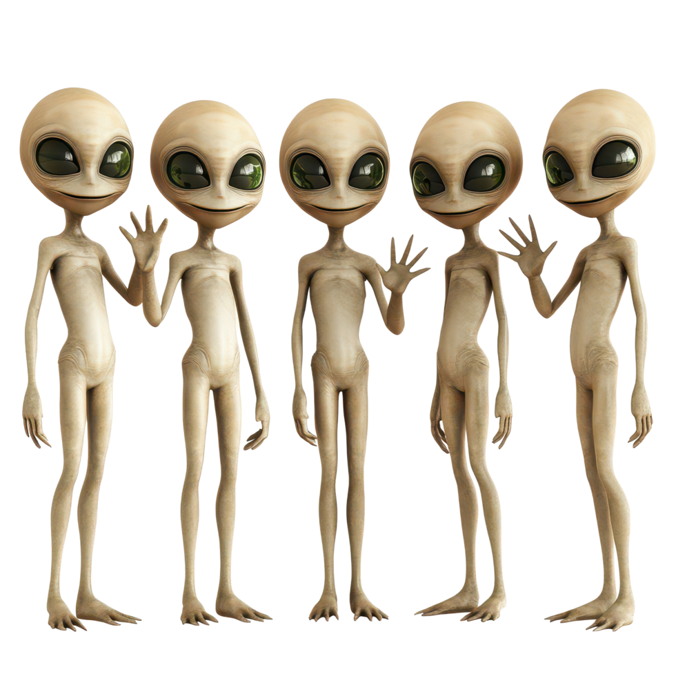 Five friendly alien characters waving cheerfully against a clean transparent background, Alien Characters Waving on transparent background png