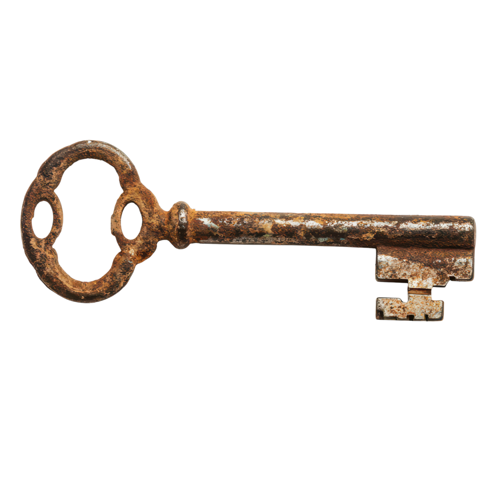 Antique rusted key showcasing vintage charm and memories, perfect for collectors and history enthusiasts, Antique Key with Rusted Lock A Symbol Memories and Stories, transparent background. png