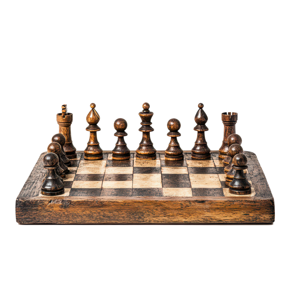 Antique wooden chess set with king displayed on light background, showcasing craftsmanship and elegance, Antique Wooden Chess with King on Display, transparent background. png