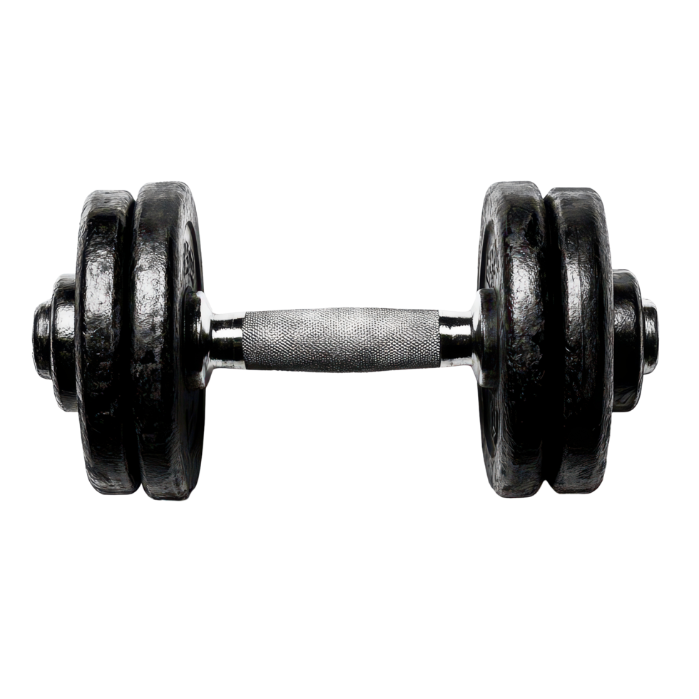 A single black dumbbell isolated on a transparent background, ideal for home workouts or gym routines to enhance strength, a dumbbell isolated on transparent background png