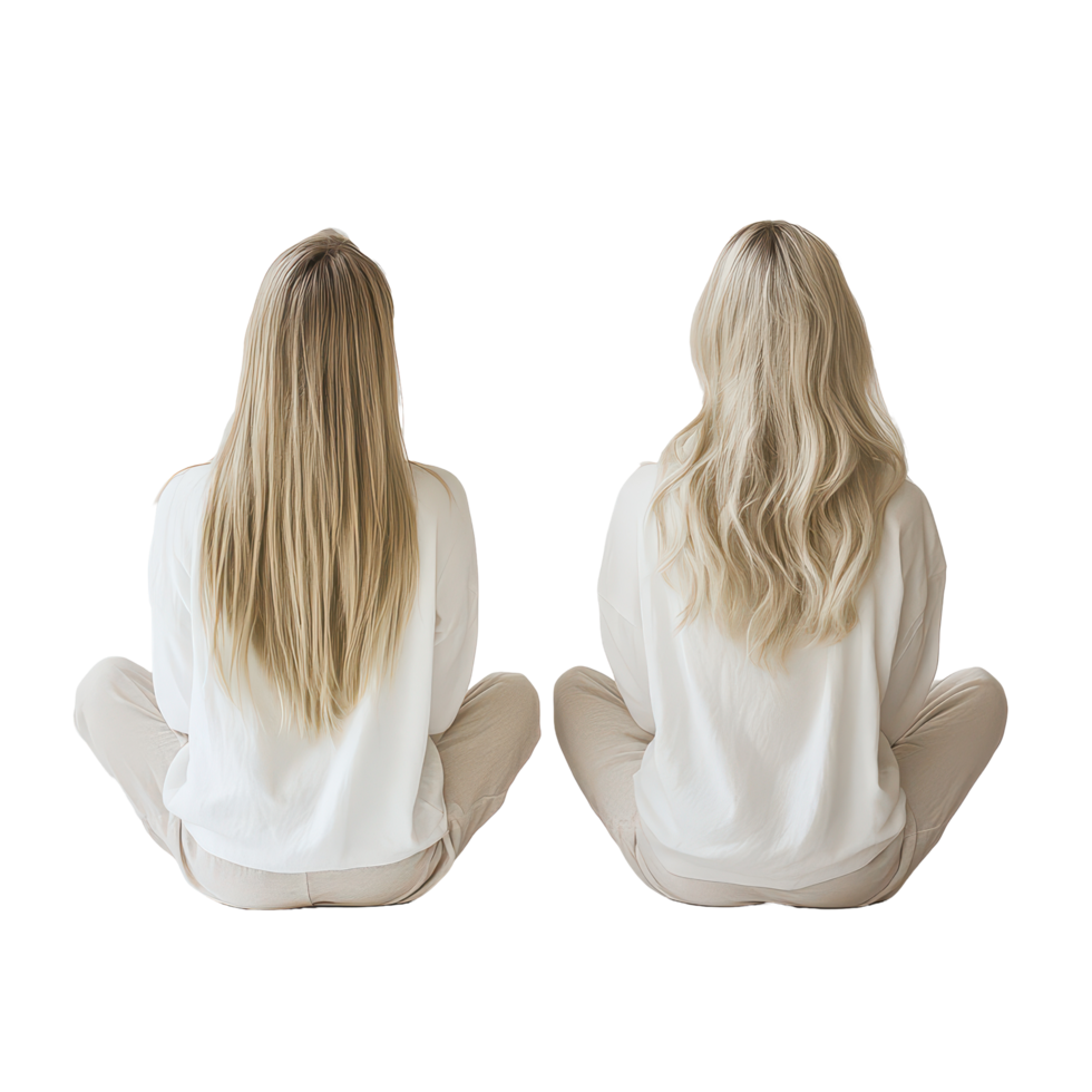 Two blonde women sitting cross-legged on a neutral background during a relaxing moment, Back View Two Blonde Women Sitting Cross-Legged on transparent background png