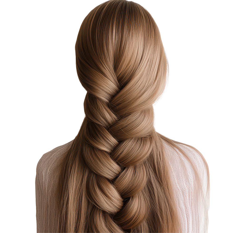 A beautiful long, light brown braid resting against a smooth transparent background, A long braid light brown hair, transparent background. png