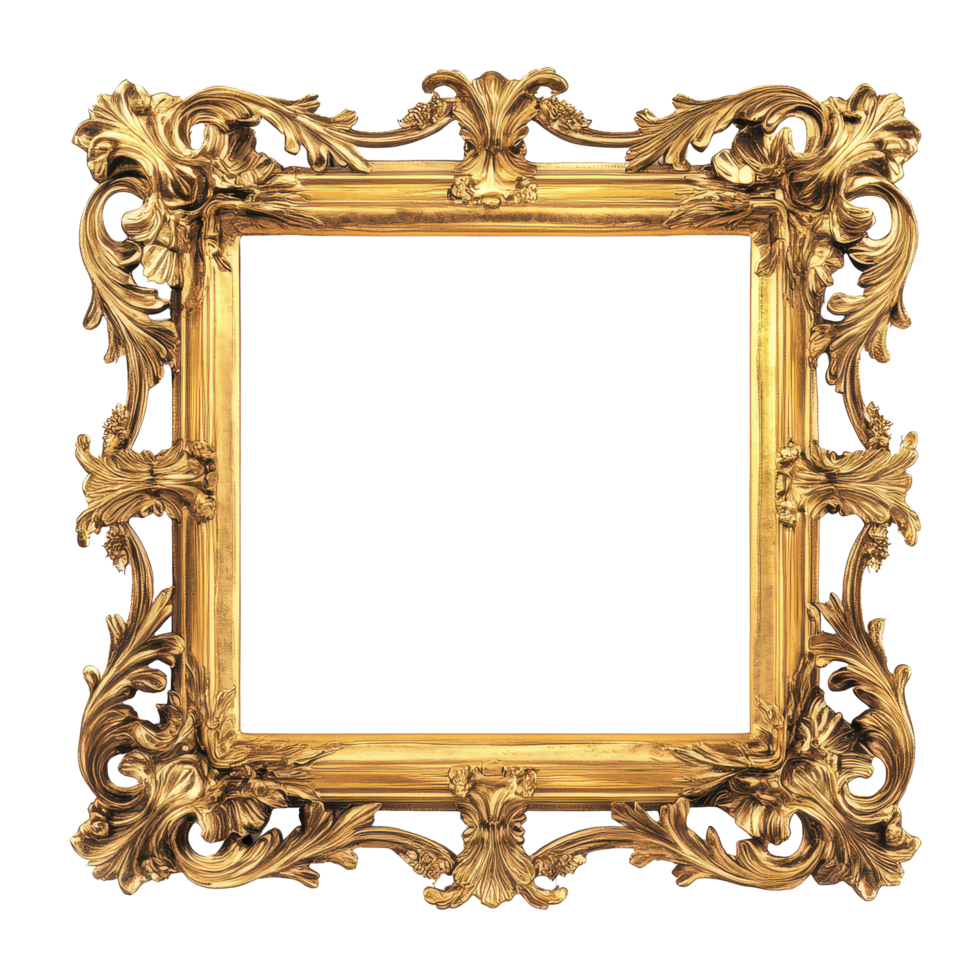 Antique golden frame with intricate detailing isolated on a transparent background for elegant decoration, Antique golden frame isolated on transparent background png
