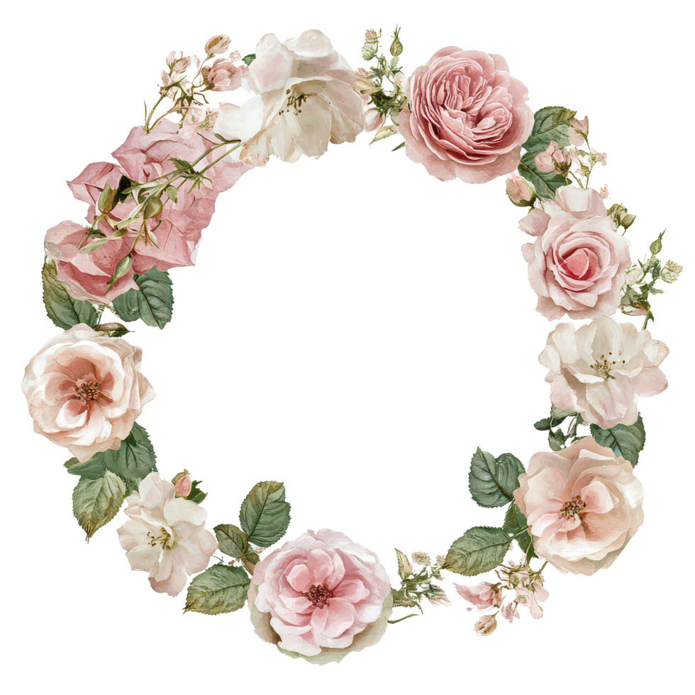 Delicate wedding circle frame adorned with soft-hued roses for elegant celebrations, A wedding circle frame in soft hues, perfect for showcasing cherished moments isolated, transparent background. png
