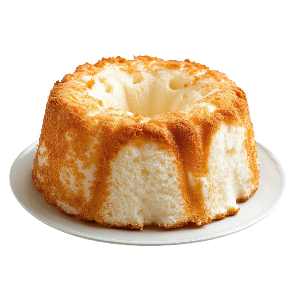 A fluffy angel food cake sits on a plate, showcasing its light texture and golden brown top, angel food cake on plate isolated on transparent background png