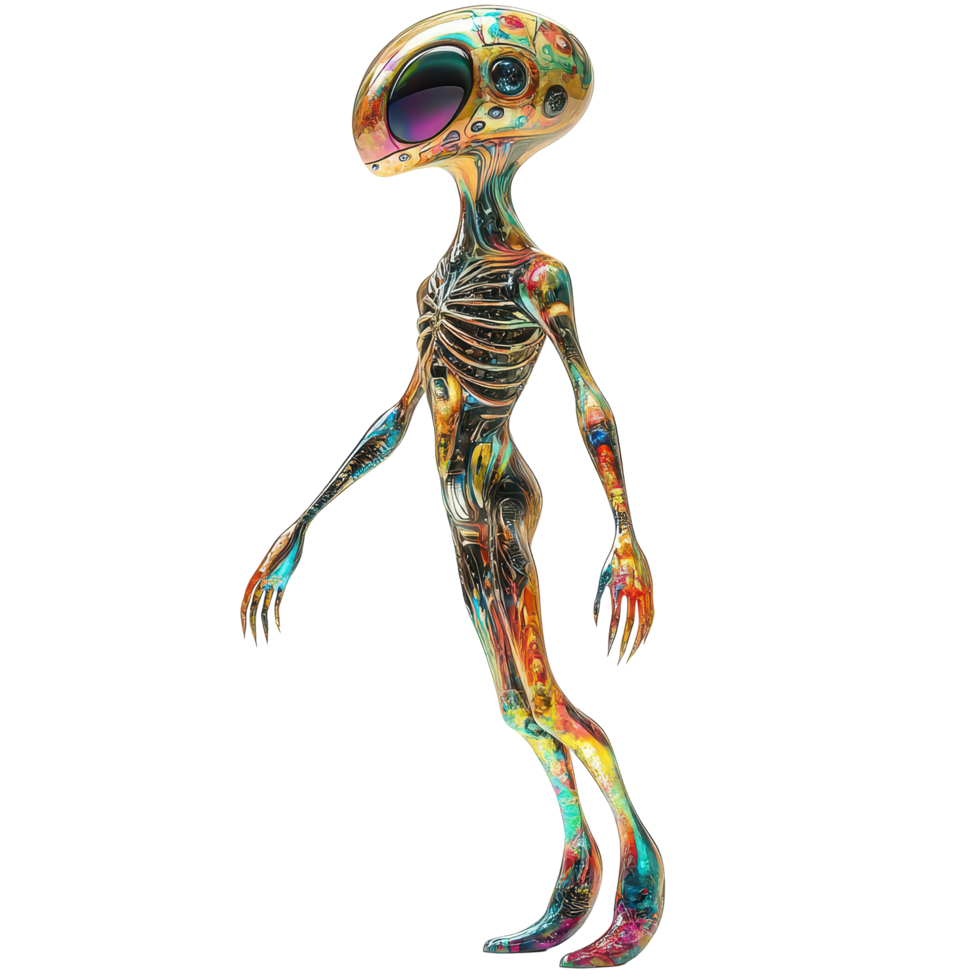 A stunning extraterrestrial being displaying vibrant colors and unique features on a plain transparent background, Beautiful Alien - Extraterrestrial Being on transparent background png