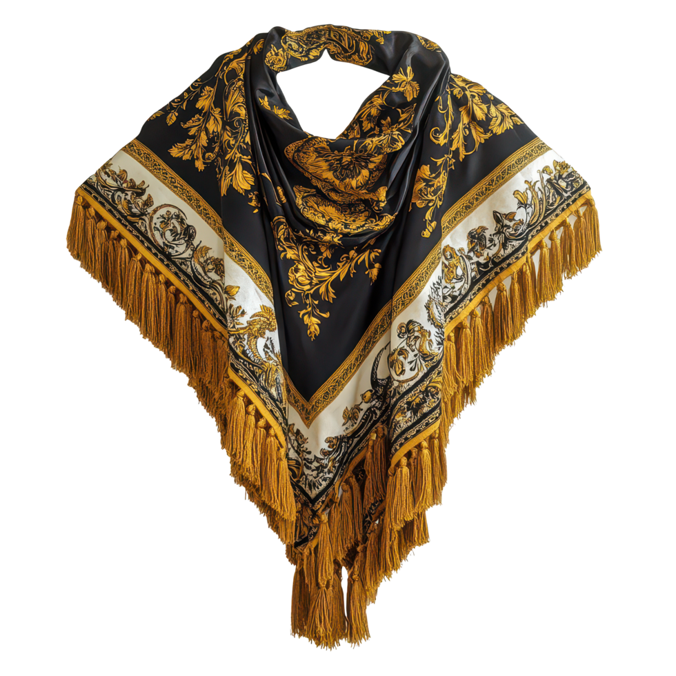 Elegant black and gold shawl with tassels displayed against a transparent background for stylish fashion inspiration, black and gold shawl with tassels, transparent background. png