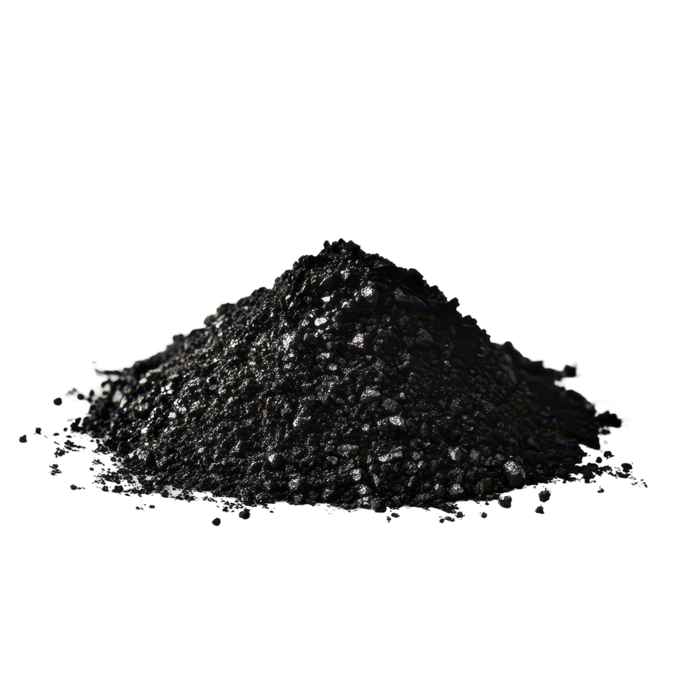 Activated carbon powder mound with a distinct black hue displayed on a clean transparent background, Activated carbon powder black mound, transparent background. png