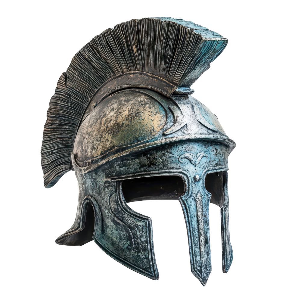 Antique Roman helmet with intricate detailing against a transparent background showcasing ancient craftsmanship, Antique Roman Helmet, transparent background. png