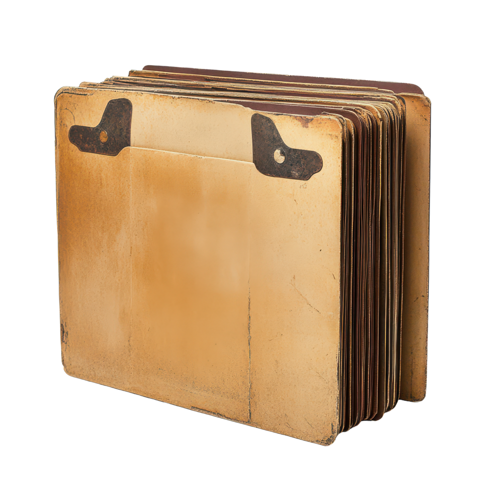 Vintage file folders stacked on a transparent background highlighting their rustic charm and historical significance, A vintage file folders, transparent background. png