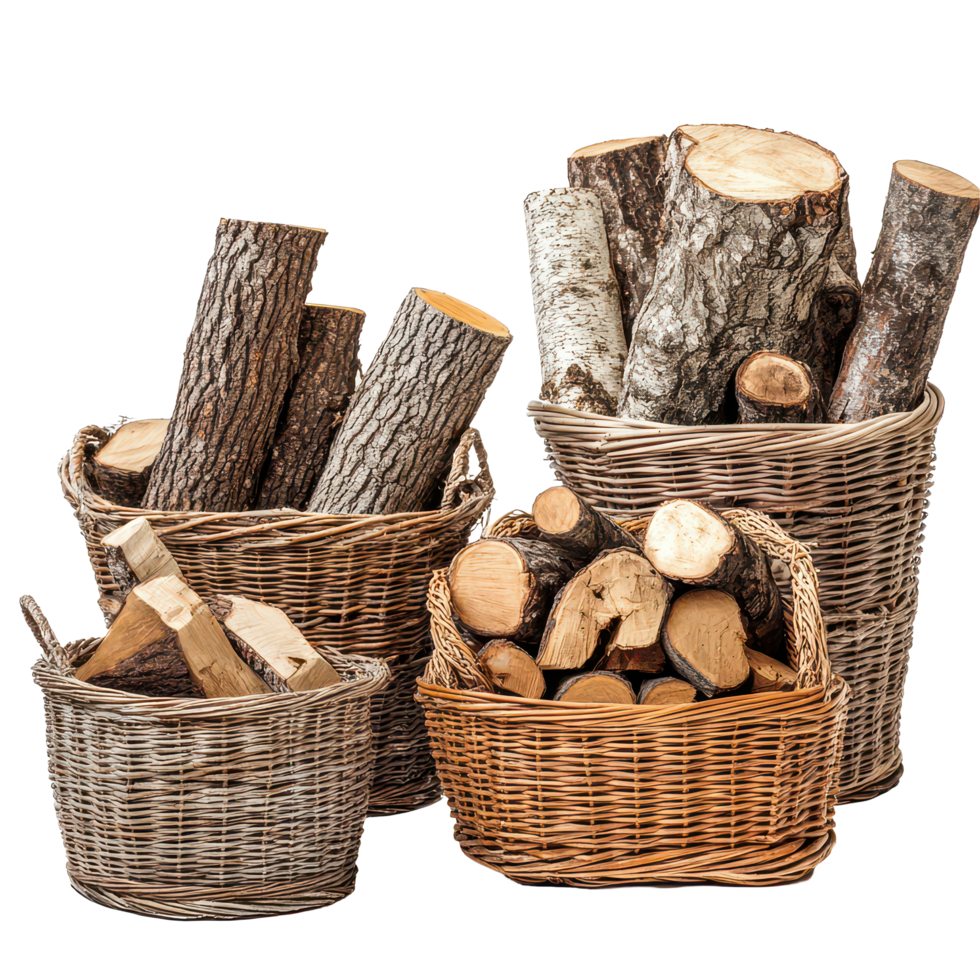 Assorted firewood stacked in wicker baskets on a clean transparent background for home decoration or fireplace use, Assorted Firewood in Wicker Baskets on transparent background png