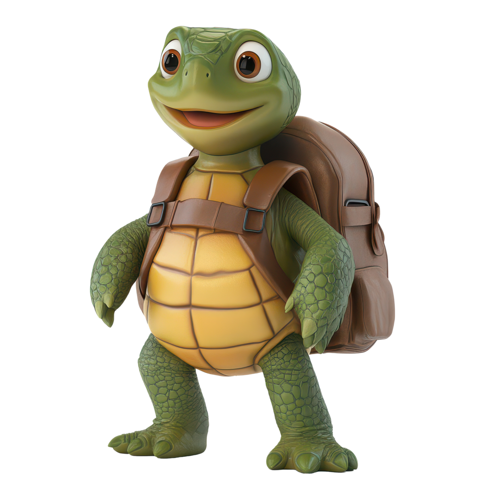 A cheerful cartoon turtle wearing a backpack stands on a transparent background with a playful expression, 3D Cartoon Turtle with Backpack on transparent background png
