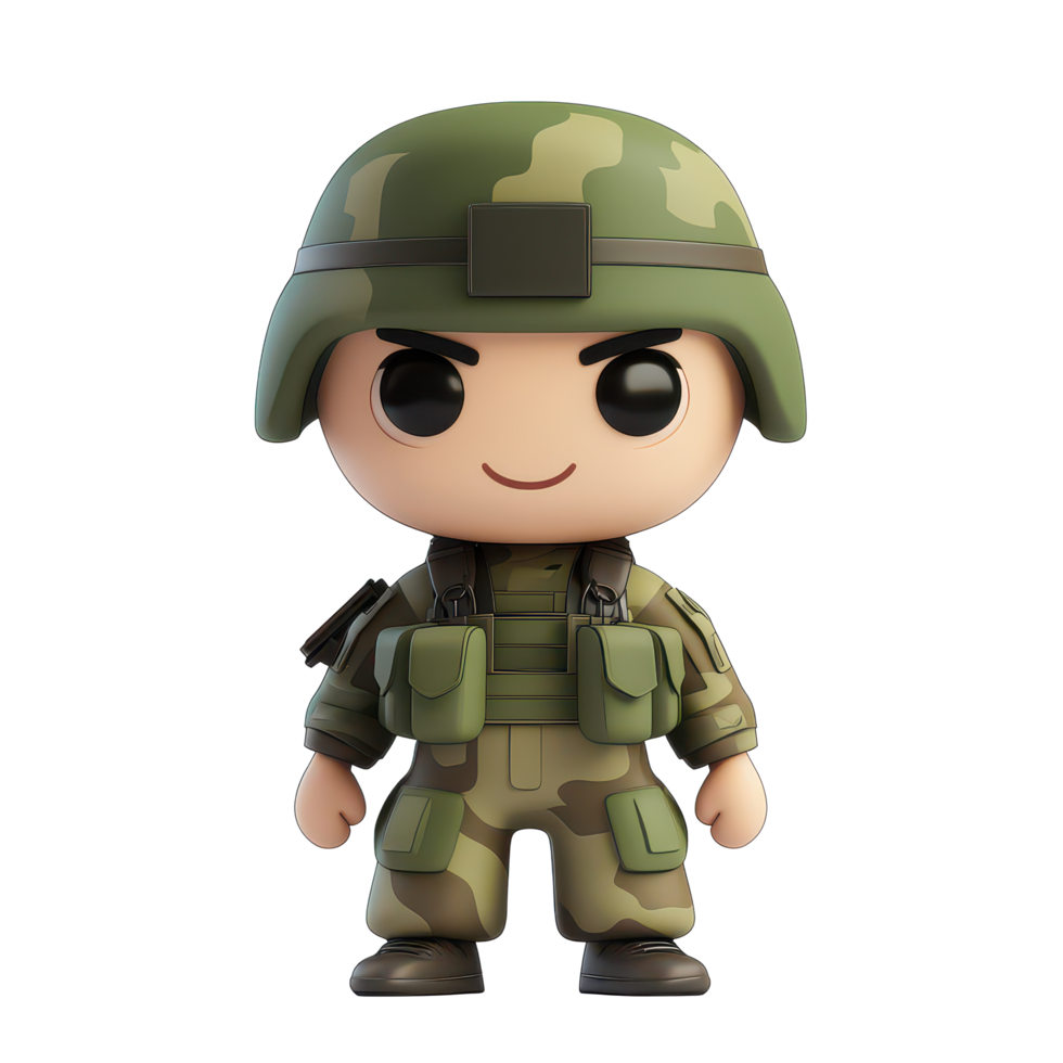 A cheerful military cartoon character in a camouflage uniform and helmet standing against a plain transparent background, 3D military cartoon character on transparent background png