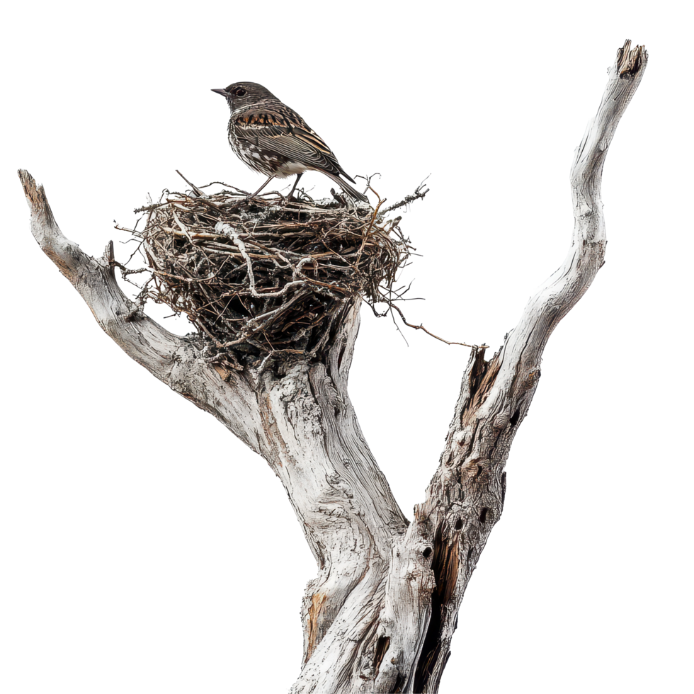 A bird standing proudly in its nest atop an isolated, weathered tree branch in soft daylight, A bird in a nest on an old tree branch on aisolated on transparent background png