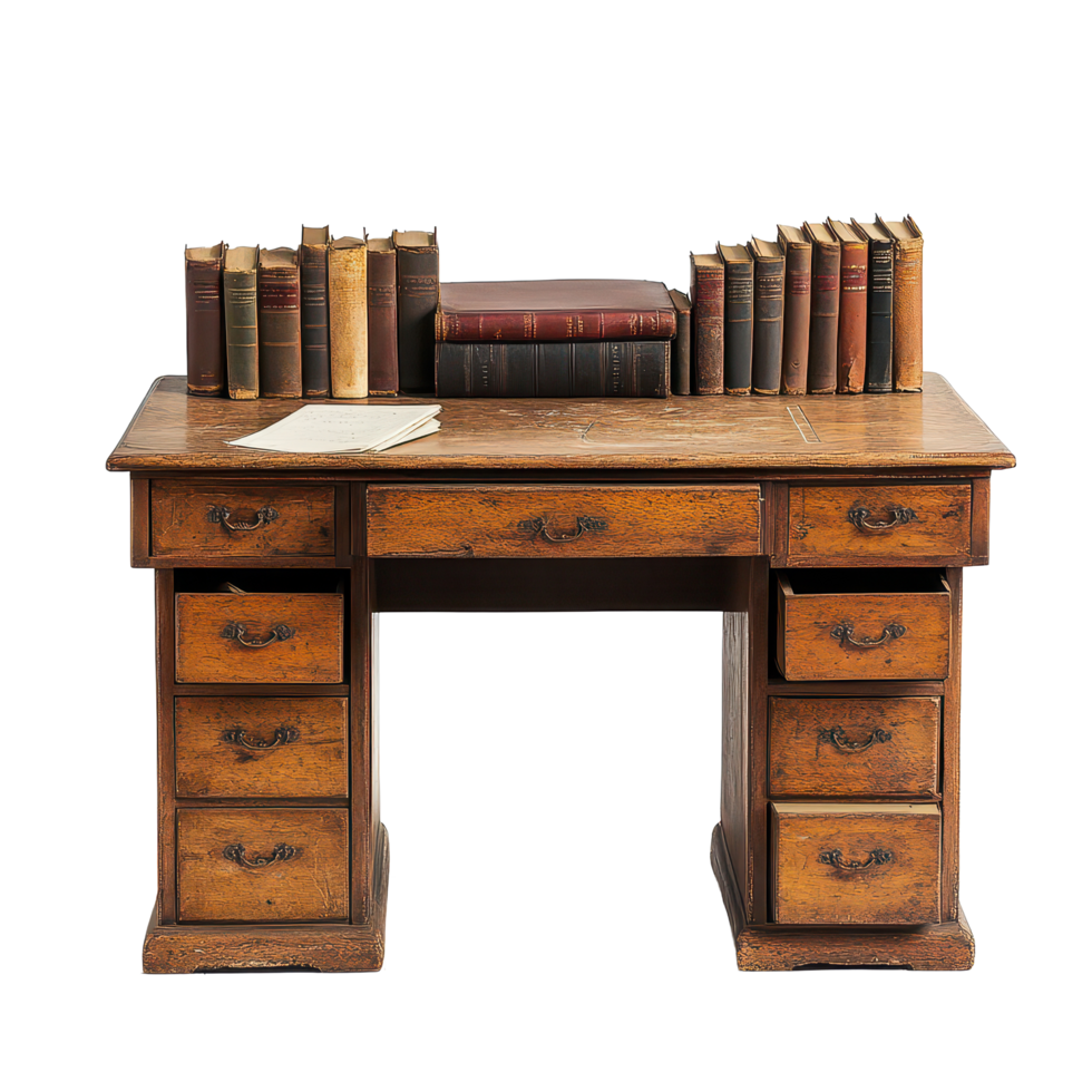 Antique study desk with books arranged neatly against a transparent background for a vintage academic feel, Antique Study Desk with Books, transparent background. png