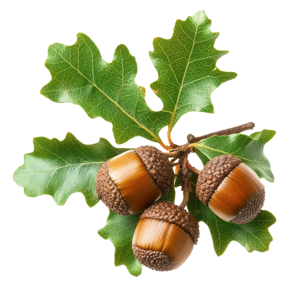 A branch of an oak tree showcasing acorns and vibrant green leaves against a transparent background, Acorn branch isolated oak leaf plant nut tree, transparent background. png