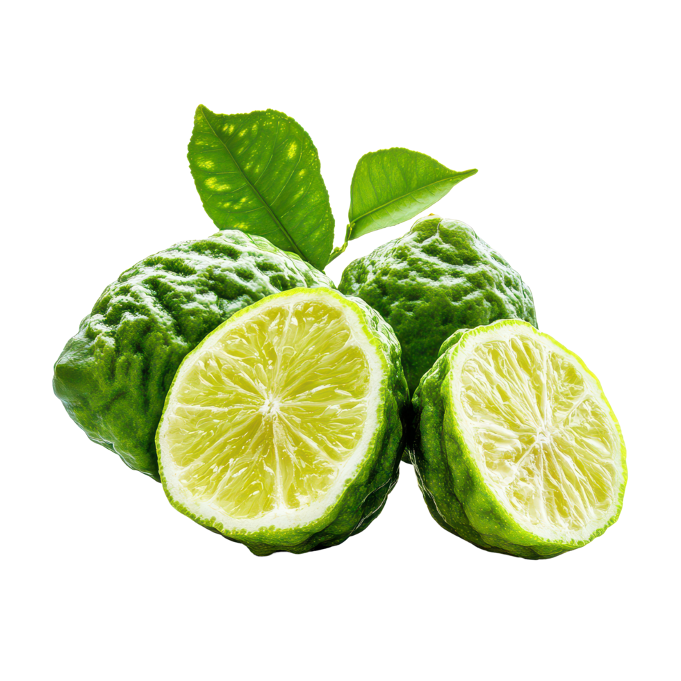 Fresh bergamot fruit and sliced Thai lime with vibrant green leaves set against a transparent background, bergamot or Thai lime on transparent background png