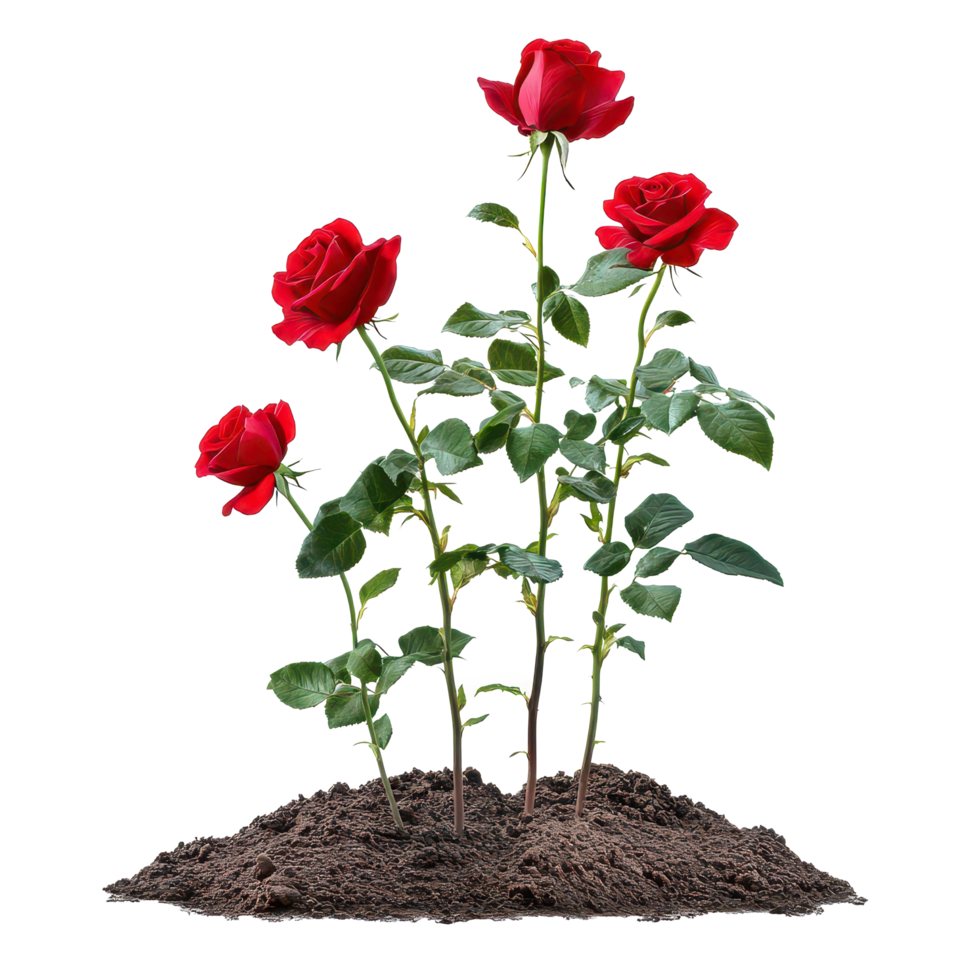 A vibrant red rose bush thrives in rich, dark soil during daylight, showcasing its beauty and strength, a red rose bush grows in the ground, file of isolated object on transparent background png