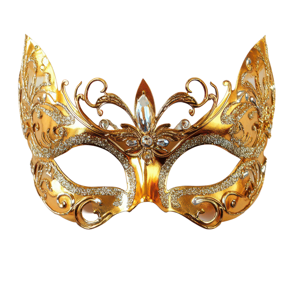 Elegant gold carnival mask adorned with intricate designs displayed on a clean transparent background, Beautiful image a gold carnival mask on png